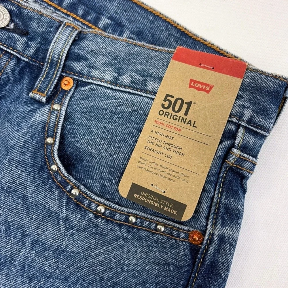 Levis 501 Original High Rise Straight Leg Studded Blue Jeans W31 L30 NEW NWT